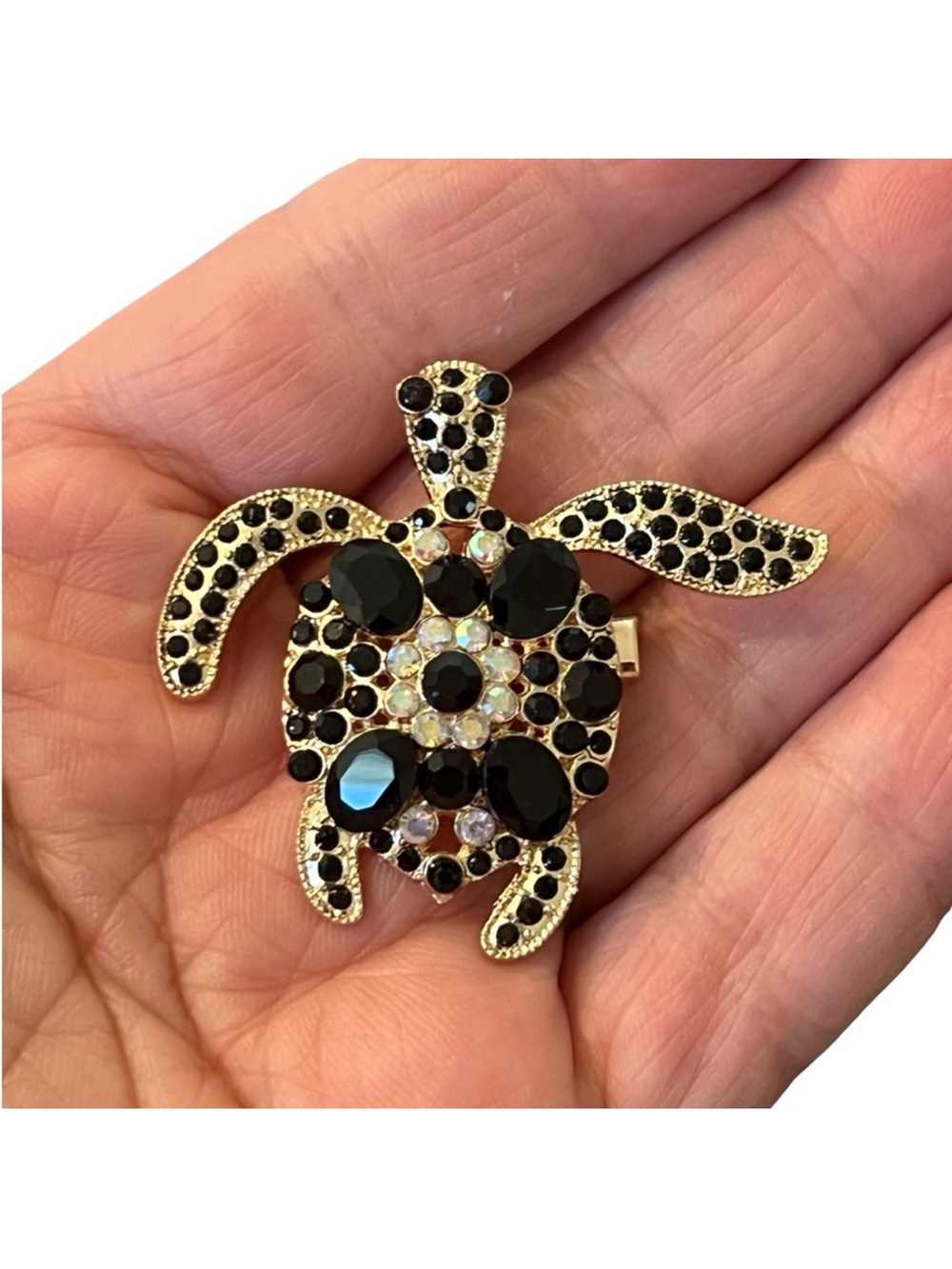 Gold-Tone Turtle Brooch with Black and Iridescent Stones FINAL PRICE DROP